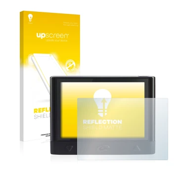 Parte frontal de un envase de producto con el logotipo de la marca upscreen. Al lado se muestra el dispositivo Coyote Mini con