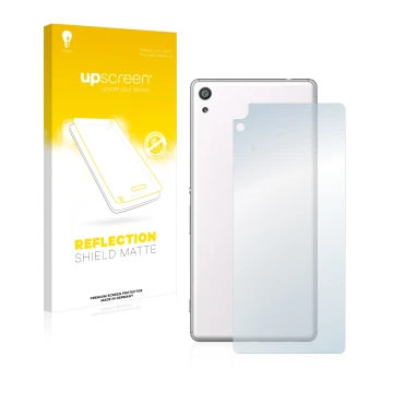 Parte frontal de un envase de producto con el logotipo de la marca upscreen. Al lado se muestra el dispositivo Sony Xperia XA 