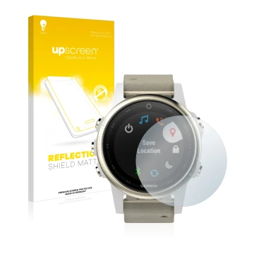 Parte frontal de un envase de producto con el logotipo de la marca upscreen. Al lado se muestra el dispositivo Garmin Fenix 5S