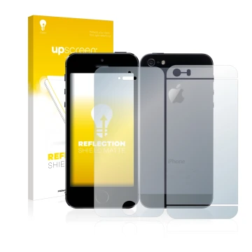 Parte frontal de un envase de producto con el logotipo de la marca upscreen. Al lado se muestra el dispositivo Apple iPhone 5S