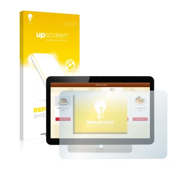 Parte frontal de un envase de producto con el logotipo de la marca upscreen. Al lado se muestra el dispositivo Aopen eTILE 19M