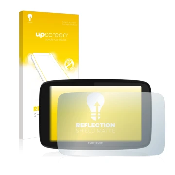 Parte frontal de un envase de producto con el logotipo de la marca upscreen. Al lado se muestra el dispositivo TomTom GO 520 c