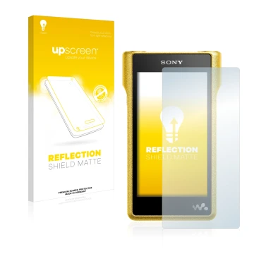 Parte frontal de un envase de producto con el logotipo de la marca upscreen. Al lado se muestra el dispositivo Sony Walkman NW
