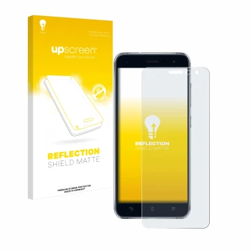 Parte frontal de un envase de producto con el logotipo de la marca upscreen. Al lado se muestra el dispositivo ASUS ZenFone 3 