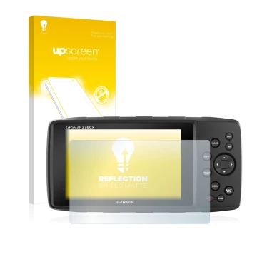 Parte frontal de un envase de producto con el logotipo de la marca upscreen. Al lado se muestra el dispositivo Garmin 276Cx co
