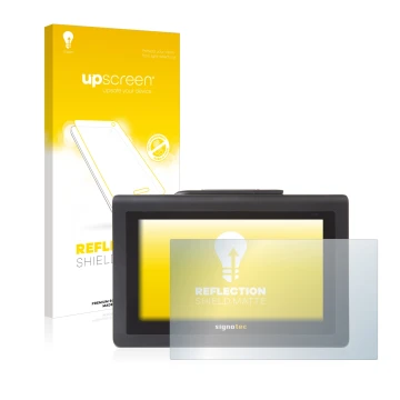 Parte frontal de un envase de producto con el logotipo de la marca upscreen. Al lado se muestra el dispositivo Signotec Signat