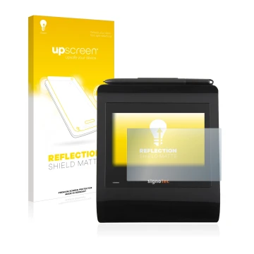Parte frontal de un envase de producto con el logotipo de la marca upscreen. Al lado se muestra el dispositivo Signotec Signat