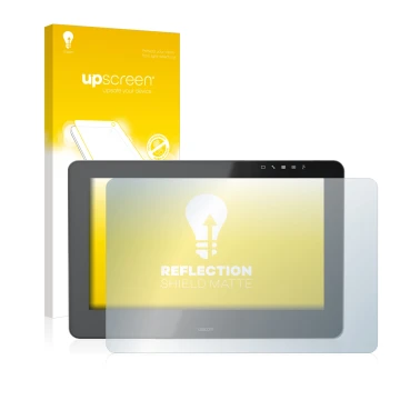 Parte frontal de un envase de producto con el logotipo de la marca upscreen. Al lado se muestra el dispositivo Wacom Cintiq Pr