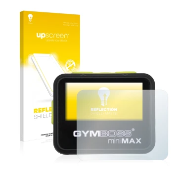 Parte frontal de un envase de producto con el logotipo de la marca upscreen. Al lado se muestra el dispositivo Gymboss Minimax