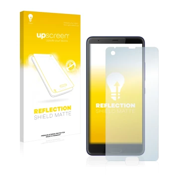 Parte frontal de un envase de producto con el logotipo de la marca upscreen. Al lado se muestra el dispositivo HTC U Ultra con