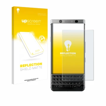 Parte frontal de un envase de producto con el logotipo de la marca upscreen. Al lado se muestra el dispositivo BlackBerry Keyo