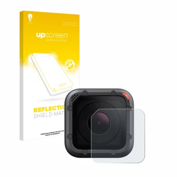 Parte frontal de un envase de producto con el logotipo de la marca upscreen. Al lado se muestra el dispositivo GoPro Hero 5 Se