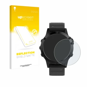 Parte frontal de un envase de producto con el logotipo de la marca upscreen. Al lado se muestra el dispositivo Garmin Fenix 5 
