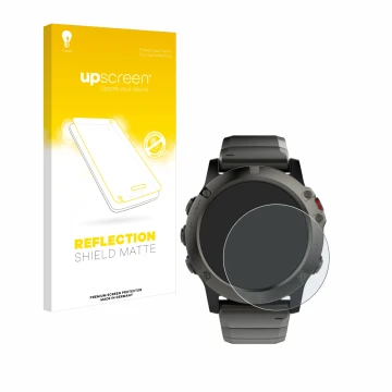 Parte frontal de un envase de producto con el logotipo de la marca upscreen. Al lado se muestra el dispositivo Garmin Fenix 5X