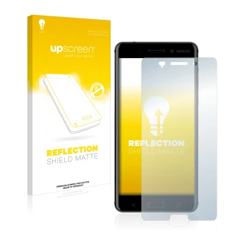 Parte frontal de un envase de producto con el logotipo de la marca upscreen. Al lado se muestra el dispositivo Nokia 6 2017 co