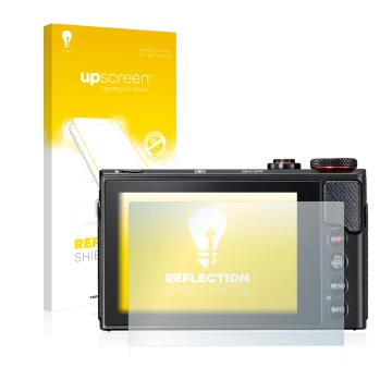 Parte frontal de un envase de producto con el logotipo de la marca upscreen. Al lado se muestra el dispositivo Canon PowerShot