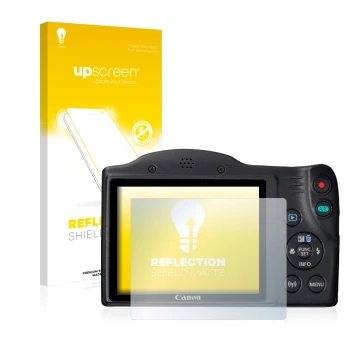 Parte frontal de un envase de producto con el logotipo de la marca upscreen. Al lado se muestra el dispositivo Canon PowerShot