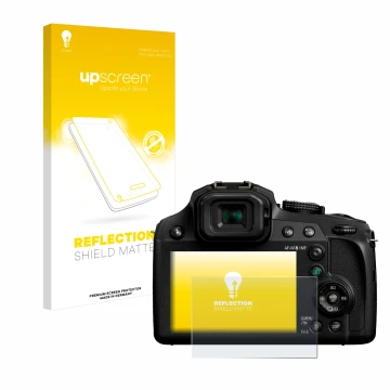 Parte frontal de un envase de producto con el logotipo de la marca upscreen. Al lado se muestra el dispositivo Panasonic Lumix