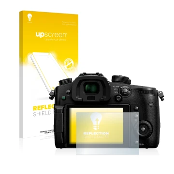 Parte frontal de un envase de producto con el logotipo de la marca upscreen. Al lado se muestra el dispositivo Panasonic Lumix
