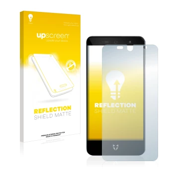 Parte frontal de un envase de producto con el logotipo de la marca upscreen. Al lado se muestra el dispositivo Wileyfox Swift 