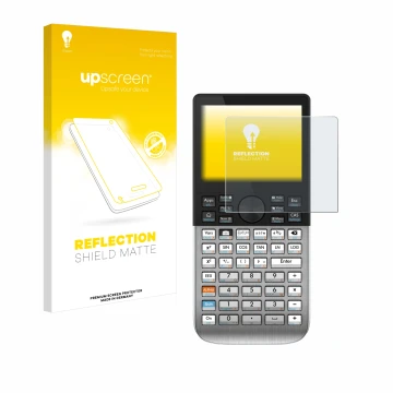 Parte frontal de un envase de producto con el logotipo de la marca upscreen. Al lado se muestra el dispositivo HP Prime con su