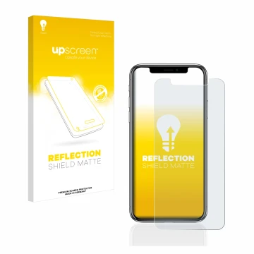 Parte frontal de un envase de producto con el logotipo de la marca upscreen. Al lado se muestra el dispositivo Apple iPhone X 