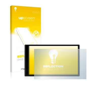 Parte frontal de un envase de producto con el logotipo de la marca upscreen. Al lado se muestra el dispositivo Garmin DriveSma