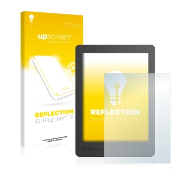 Parte frontal de un envase de producto con el logotipo de la marca upscreen. Al lado se muestra el dispositivo Kobo Aura Editi
