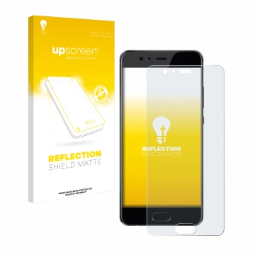Parte frontal de un envase de producto con el logotipo de la marca upscreen. Al lado se muestra el dispositivo Huawei P10 Plus