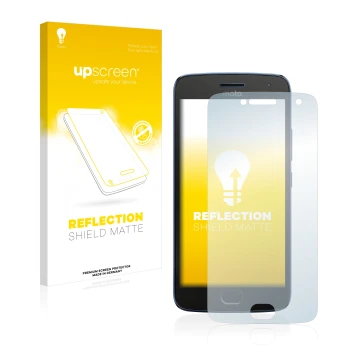 Parte frontal de un envase de producto con el logotipo de la marca upscreen. Al lado se muestra el dispositivo Motorola Moto G