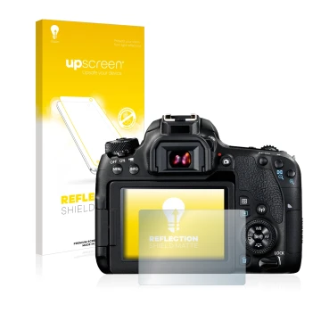 Parte frontal de un envase de producto con el logotipo de la marca upscreen. Al lado se muestra el dispositivo Canon EOS 77D c
