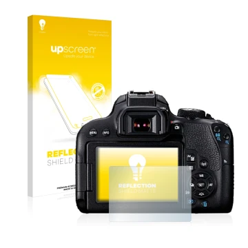 Parte frontal de un envase de producto con el logotipo de la marca upscreen. Al lado se muestra el dispositivo Canon EOS 800D 