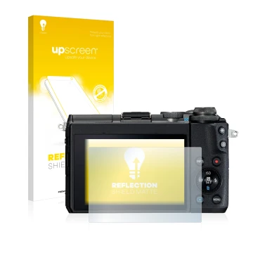 Parte frontal de un envase de producto con el logotipo de la marca upscreen. Al lado se muestra el dispositivo Canon EOS M6 co