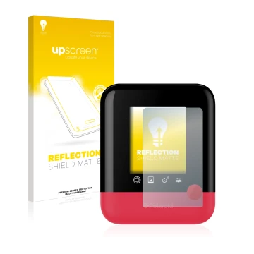 Parte frontal de un envase de producto con el logotipo de la marca upscreen. Al lado se muestra el dispositivo Polaroid Pop co