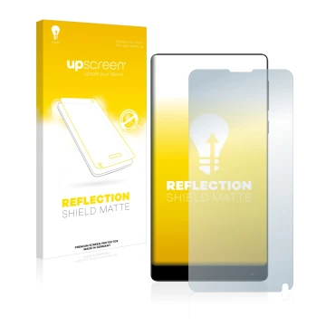 Parte frontal de un envase de producto con el logotipo de la marca upscreen. Al lado se muestra el dispositivo Xiaomi Mi Mix 2