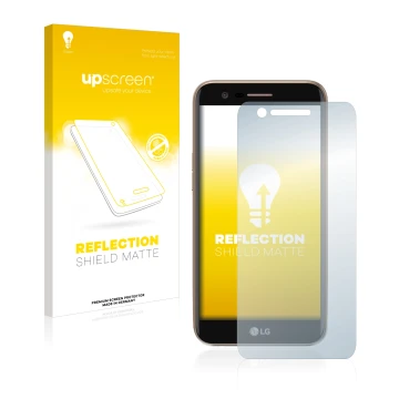 Parte frontal de un envase de producto con el logotipo de la marca upscreen. Al lado se muestra el dispositivo LG K10 2017 con