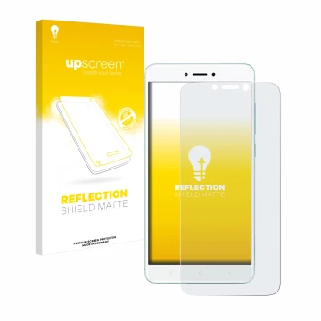 Parte frontal de un envase de producto con el logotipo de la marca upscreen. Al lado se muestra el dispositivo Xiaomi Redmi 4X