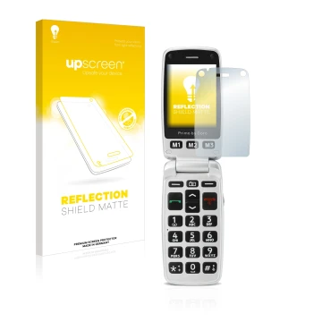 Parte frontal de un envase de producto con el logotipo de la marca upscreen. Al lado se muestra el dispositivo Doro Primo 413 