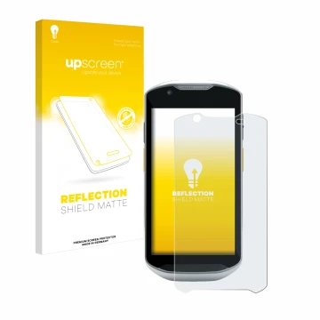 Parte frontal de un envase de producto con el logotipo de la marca upscreen. Al lado se muestra el dispositivo Zebra TC56 con 