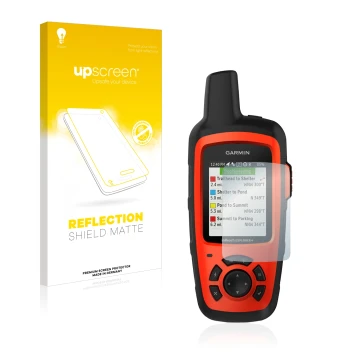 Parte frontal de un envase de producto con el logotipo de la marca upscreen. Al lado se muestra el dispositivo Garmin inReach 