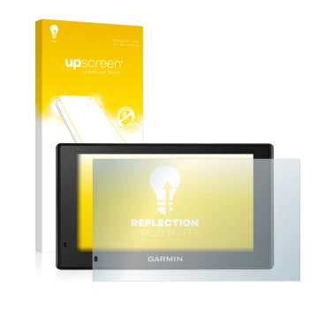 Parte frontal de un envase de producto con el logotipo de la marca upscreen. Al lado se muestra el dispositivo Garmin DriveSma
