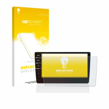 Parte frontal de un envase de producto con el logotipo de la marca upscreen. Al lado se muestra el dispositivo Volkswagen Golf