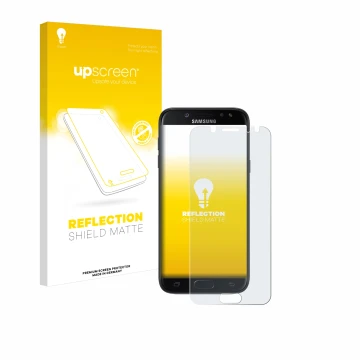 Parte frontal de un envase de producto con el logotipo de la marca upscreen. Al lado se muestra el dispositivo Samsung Galaxy 