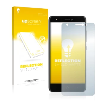 Parte frontal de un envase de producto con el logotipo de la marca upscreen. Al lado se muestra el dispositivo BQ Aquaris X co