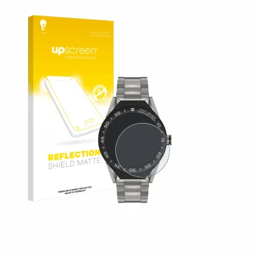 Parte frontal de un envase de producto con el logotipo de la marca upscreen. Al lado se muestra el dispositivo TAG Heuer Conne