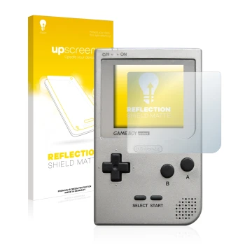 Parte frontal de un envase de producto con el logotipo de la marca upscreen. Al lado se muestra el dispositivo Nintendo Gamebo