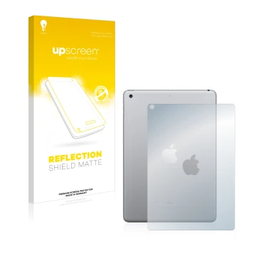Parte frontal de un envase de producto con el logotipo de la marca upscreen. Al lado se muestra el dispositivo Apple iPad 9.7