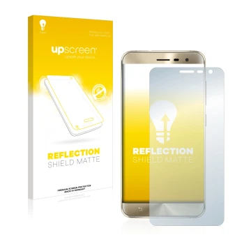 Parte frontal de un envase de producto con el logotipo de la marca upscreen. Al lado se muestra el dispositivo ASUS ZenFone 3 