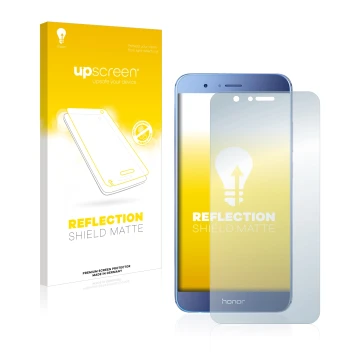 Parte frontal de un envase de producto con el logotipo de la marca upscreen. Al lado se muestra el dispositivo Honor 8 Pro con