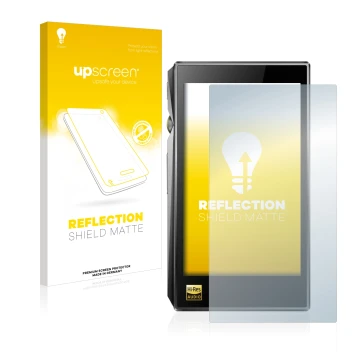 Parte frontal de un envase de producto con el logotipo de la marca upscreen. Al lado se muestra el dispositivo FiiO X5 III con